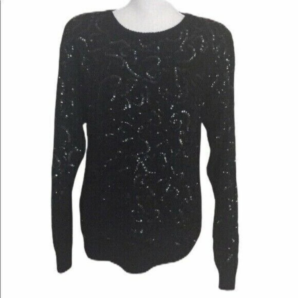 Nilani Sequin Black Sweater Vintage Womens Medium Long Sleeve Holiday Winter